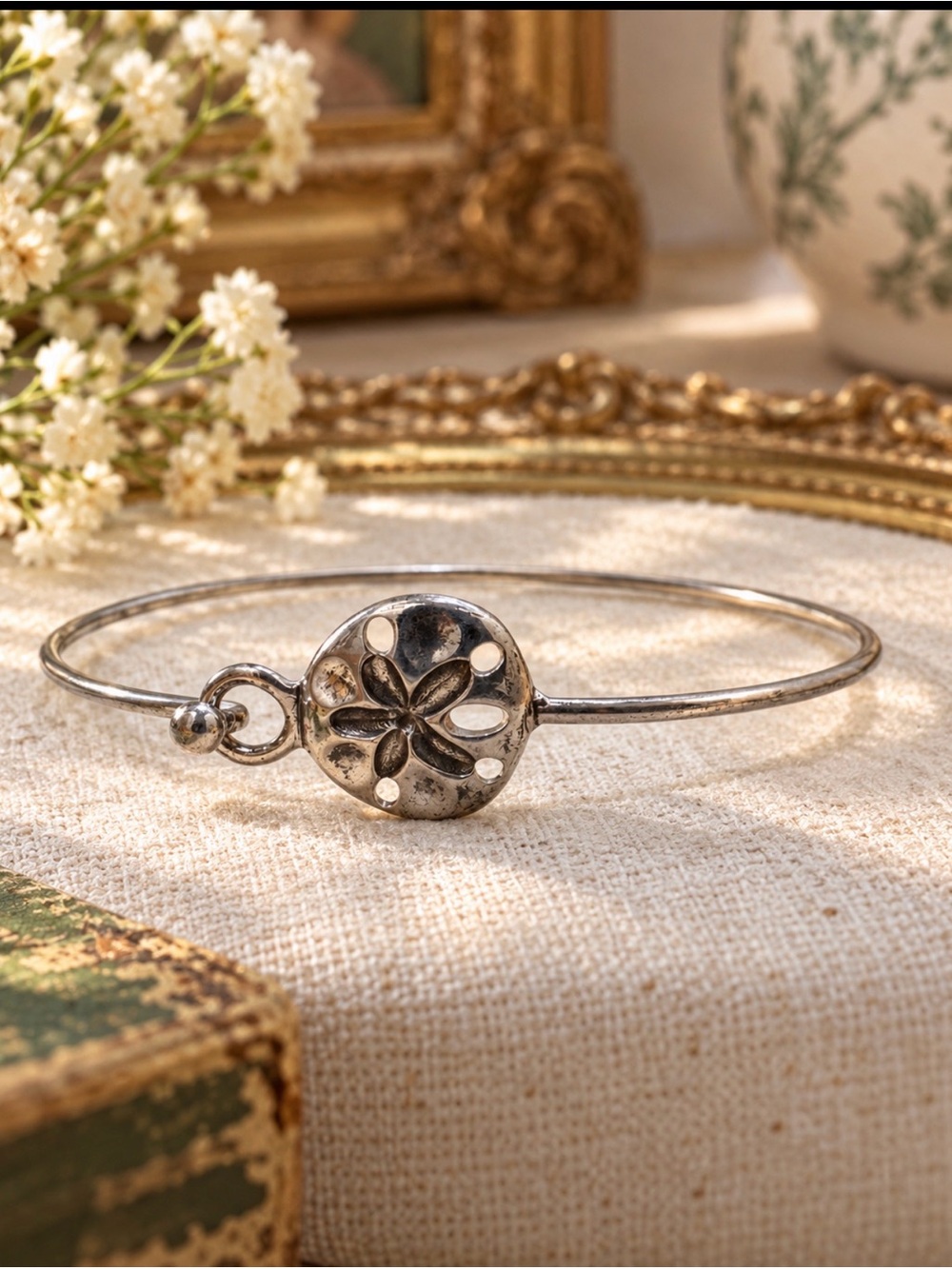 Sterling Silver 925 Sand Dollar Hook Bangle Bracelet Beach Ocean Nautical